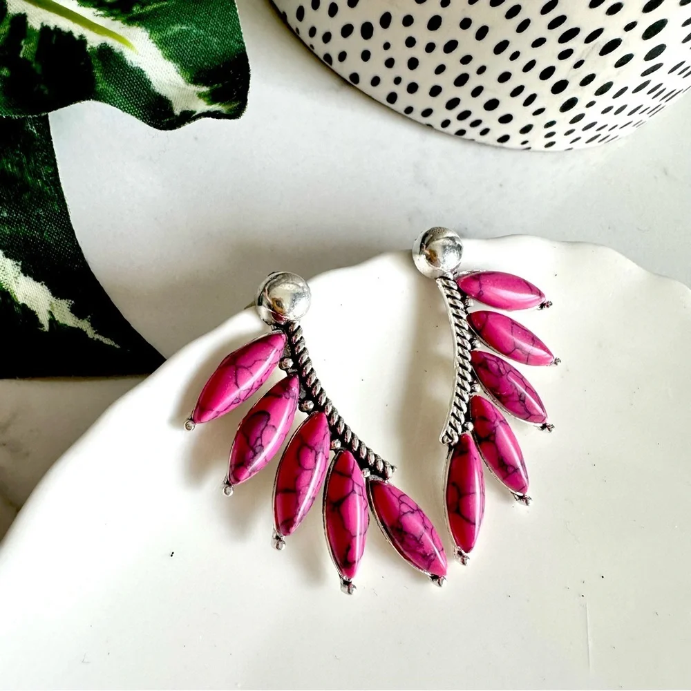 3/$22🩶 Western Pink Stone Feather Silver Stud Earrings Southwestern Cowgirl NEW